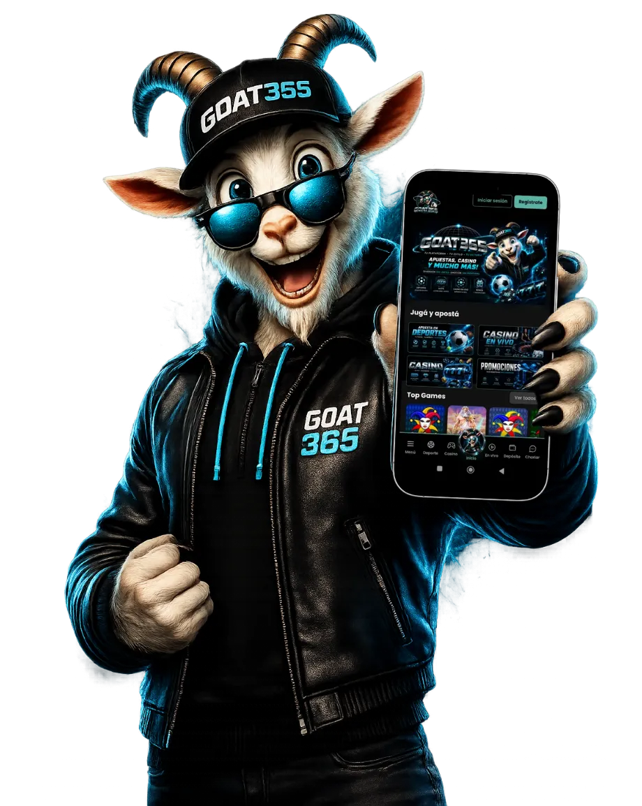 Mascota de GOAT 365 sosteniendo la app